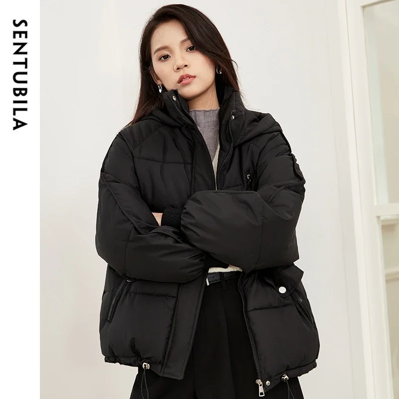 SENTUBILA Women\'s Thick Warm Winter Parkas Puffer Jackets 2024 Loose Fit Hooded Zipper Short Coat Female Outerwear W44M56773X