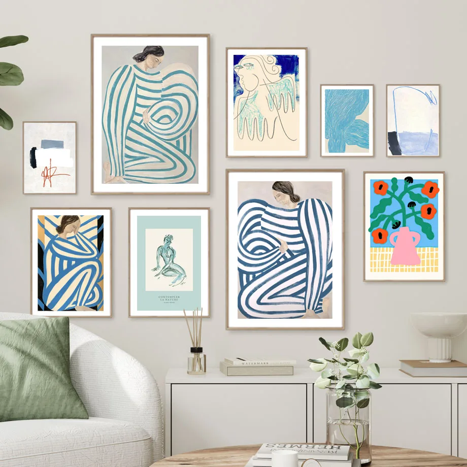 Line Striped Girl Body Flower Vase Abstract Wall Art Canvas Painting Nordic Poster And Print Pictures For Living Room Decorat