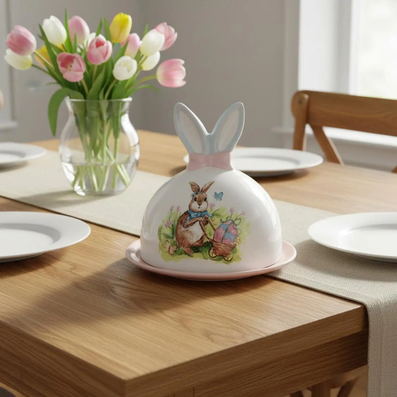 Cute Rabbit Ceramic Butter Dish with Lid Hand Painted Easter Style Keeper for Butter Spreading Freshness Home Kitchen