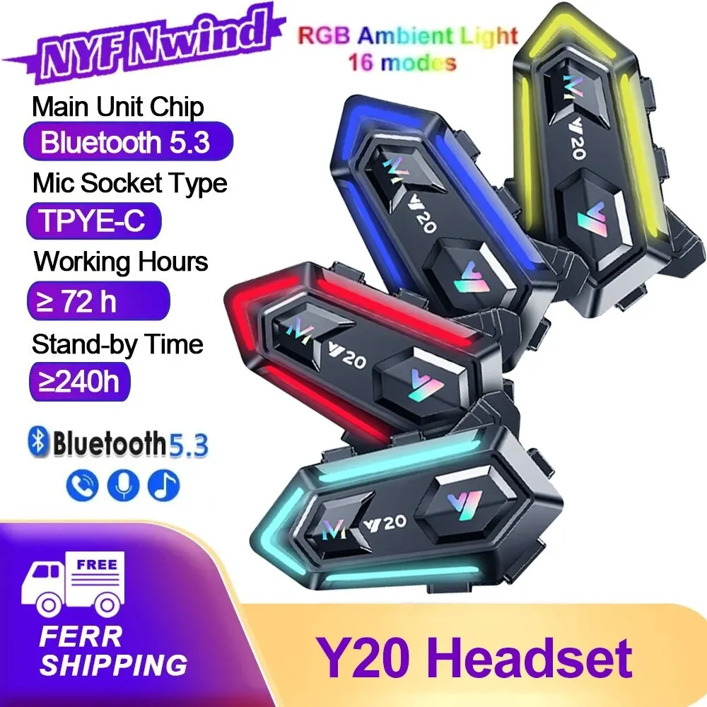 Y20 Motorcycle Bluetooth Helmet Headset V5.3 16 Kind Mode RGB Colorful Lights Earphone IPX6 Waterproof Support All Kind Helmet