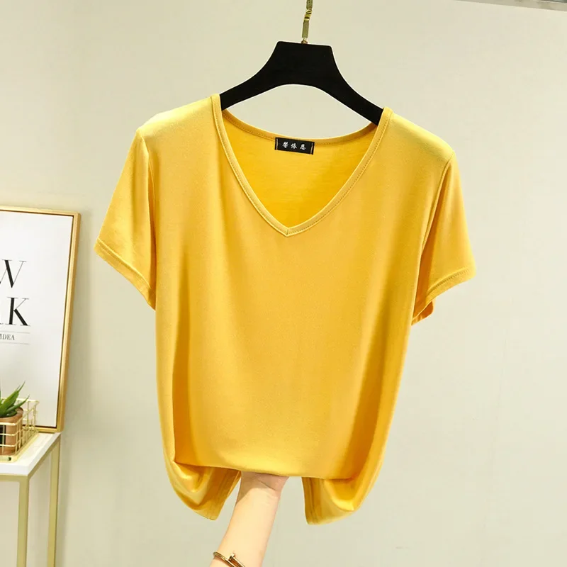 

2024 Summer Shirt New Summer Women Modal V-Neck Tshirt Thin Bottoming T-shirts Plus Size Loose Tee Tops Streetwear Basic Top