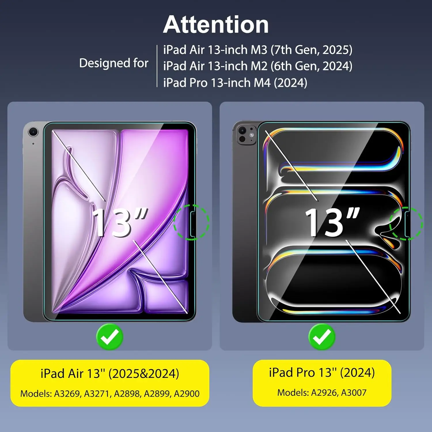 واقي شاشة لجهاز iPad Air 13 بوصة M3 2025 & M2 2024 (7th/6th Generation) وiPad Pro 13 بوصة M4 7th Gen، عبوتان من الزجاج المقسى