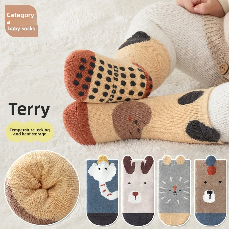 5 Pairs Thick Warm Baby Socks with Non-Slip Dots for Infants Toddlers Boys Girls Large Pattern Terry Loop Socks