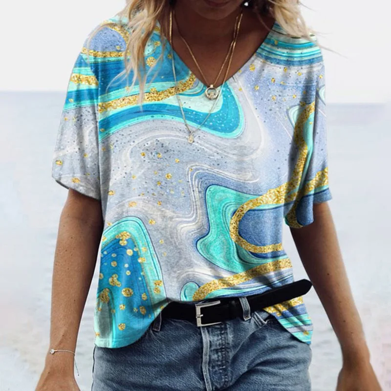 Nice Women's Clothing 2025 T-Shirts Tops New European And American Women's V-neck Short Sleeve Printed T-shirt In Marble Style T