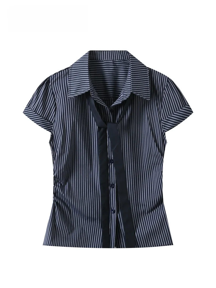 

plus Size Women's Short Sleeve Shirt Striped Summer New Style Versatile Vintage Club Large Size Inner Wear Polyester Fiber