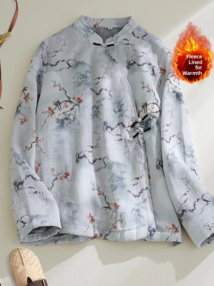 

Хлопковая куртка на подкладке в стиле ретро в китайском стиле, большой размер, женская хлопково-льняная куртка в стиле дзен с воротником-стойкой, теплая одежда на пуговицах