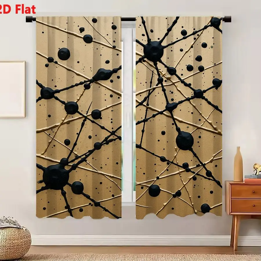2Pcs Curtains 2D Flat Abstract Neuron Network Art With Black And Gold Lines On Beige Background Window Drapes for Bedroom Room D
