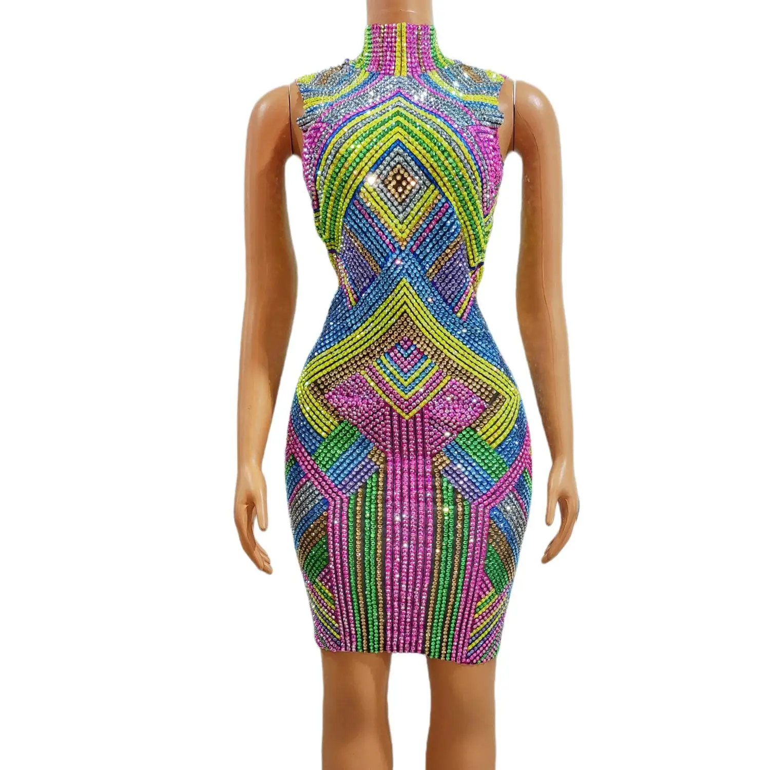 Wanhuatong Luxury Colorful Crystal Rhinestone High Neck Mini Dress Ladies Geometric Print Bodycon Cocktail Night Out Party Gown