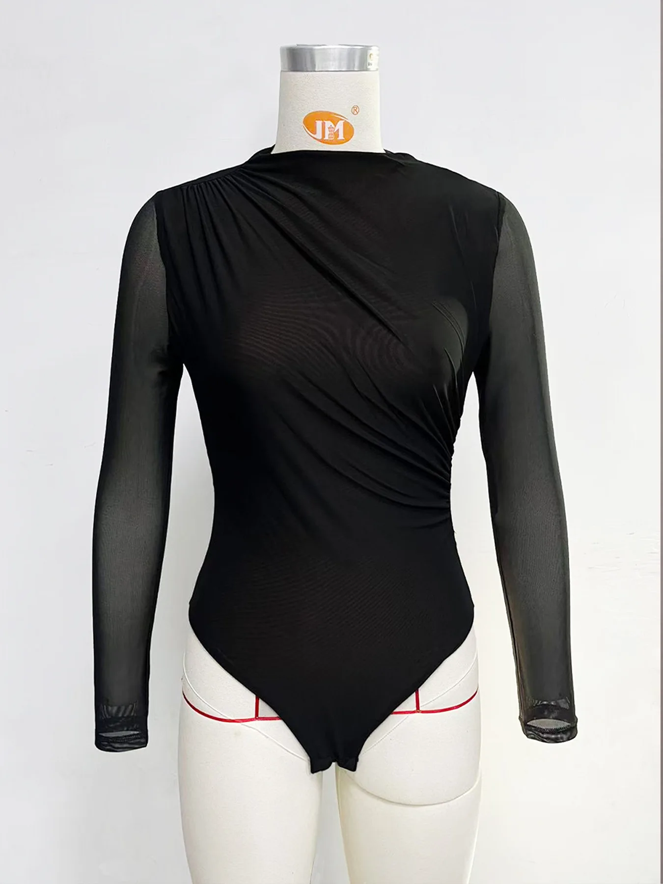 بدلة نسائية مثيرة بأكمام طويلة 2026 ربيع جديد شبكة سوداء مرقعة برقبة دائرية