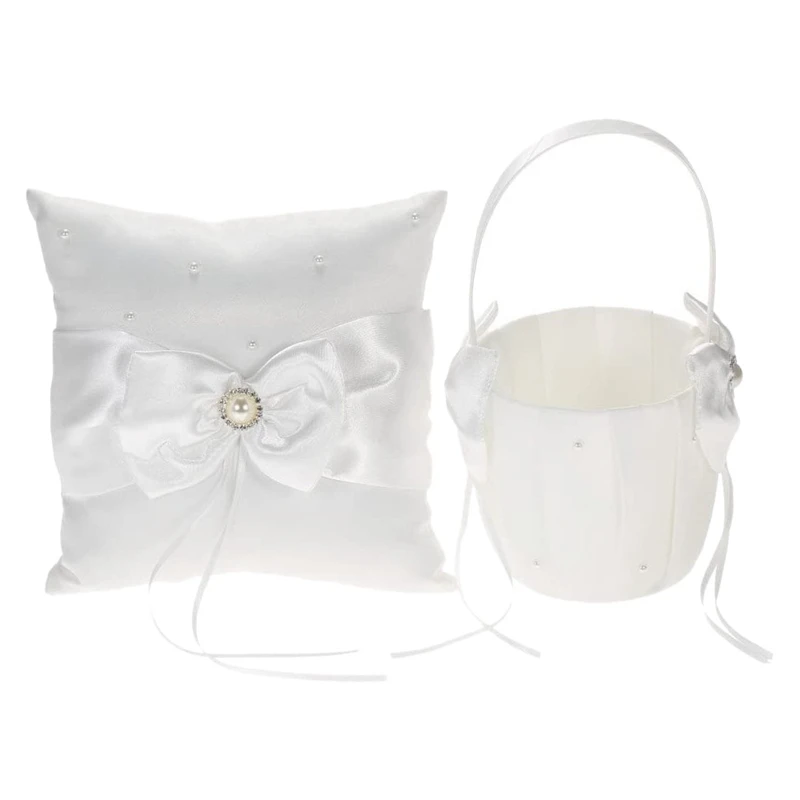 

Ivory Satin Bowknot Ring Bearer Pillow And Wedding Flower Girl Basket Set White