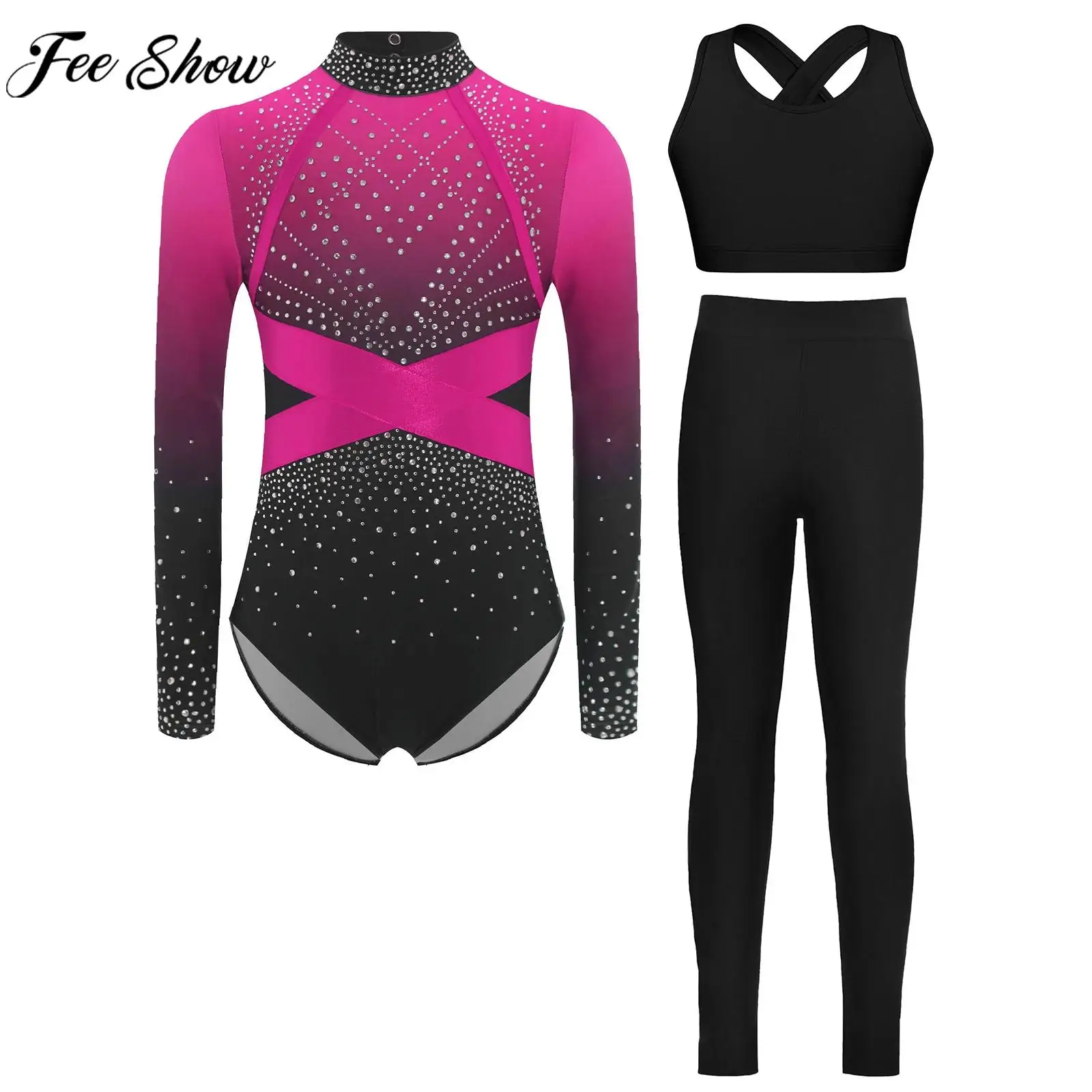

Детский гимнастический костюм для девочек, фигурное катание, балетный танцевальный наряд, трико со стразами и жилетом, леггинсы для акробатики, йоги