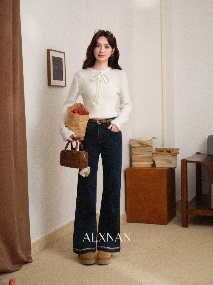 เสื้อสเวตเตอร์ผู้หญิง ALXNAN สีแอปริคอท คอผูก แขนยาว ทรงหลวม สไตล์ลำลอง อุ่นสบาย เหมาะสำหรับฤดูใบไม้ร่วงและฤดูหนาว แฟชั่นอเนกประสงค์ รุ่น L60139