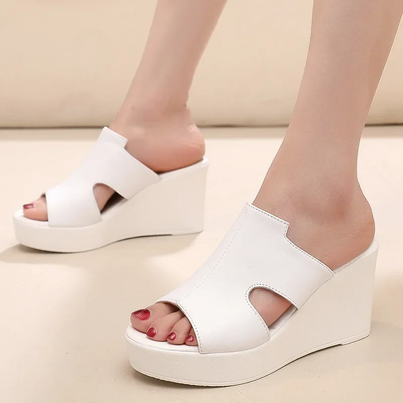 Platform Slippers Women Chunky Summer Shoes Genuine Leather Sandals White 2022 Lady Wedges Sandals Street Style Woman Slides