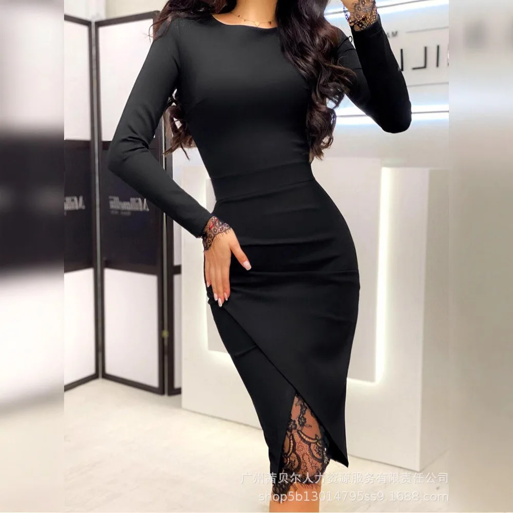 Women Lace Dresses Solid Dress Bodycon Round Neck Knee Length Long Sleeve Slight Strech Slim Fit Elegant Office Lady 2025 Summer
