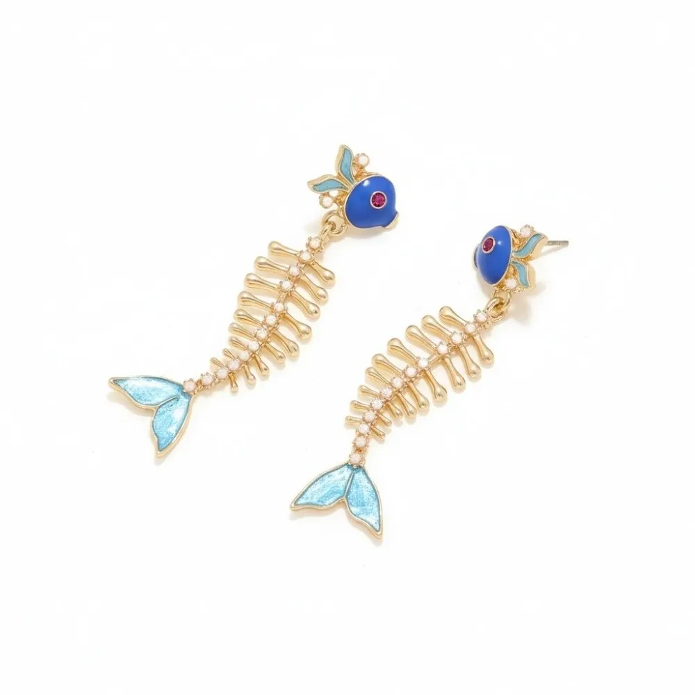 Glazed Simulated-Pearl Fishbone Earrings Handmade Spliced Long Bend Design Pearl Earrings Multicolored Enamel Gothic Tassel