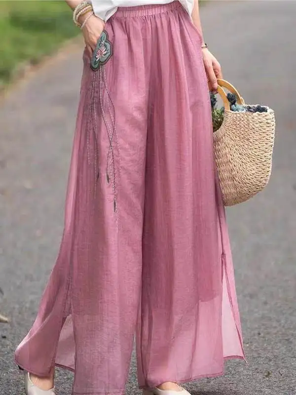 

Summer Ethnic Style Double Layer Elastic Waist Casual Wide Leg Loose Thin Embroidered Patchwork Loose Fit Casual Pants for Women