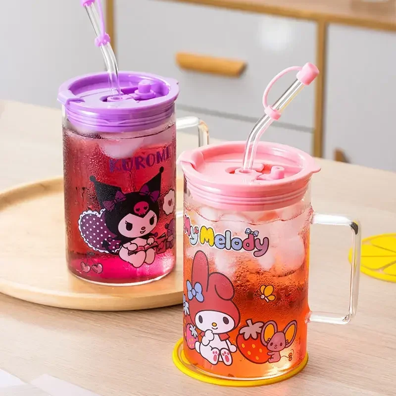 

Hello Kitty Anime Kuromi MINISO Glass Large Capacity Printed Sippy Cup Cute Kawaii Handle Drinking Water Cup Gifts for Kids