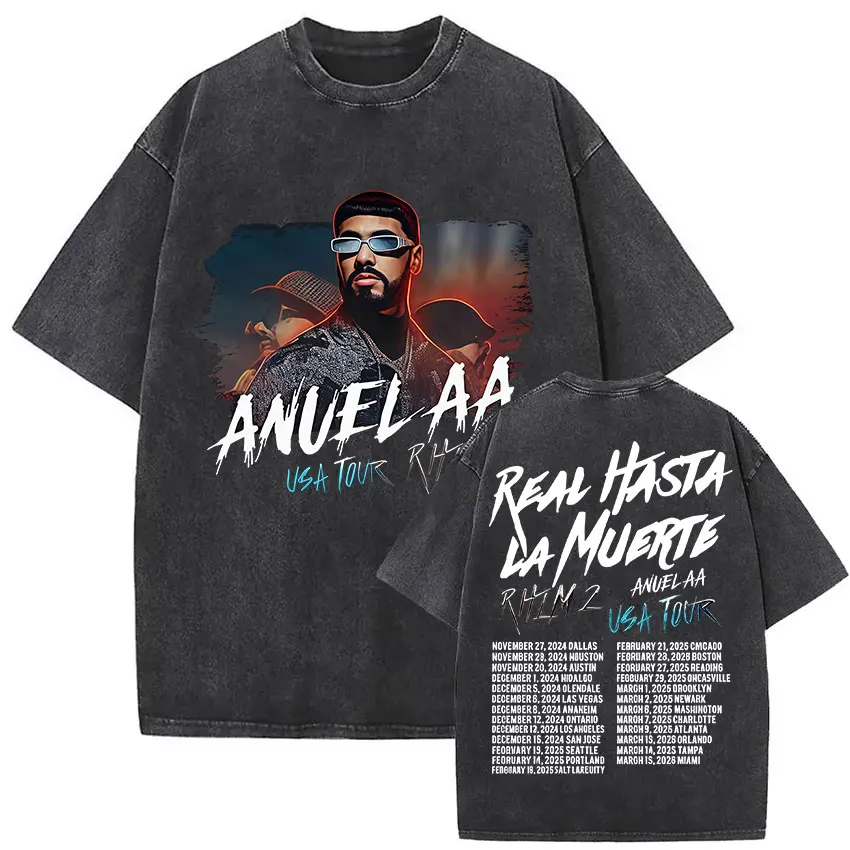 مغني الراب ANUEL AA خمر غسلها تي شيرت حقيقي هاستالا Muerte ألبوم تي شيرتات قصيرة الاكمام الرجال الهيب هوب المتضخم بلايز الشارع الشهير