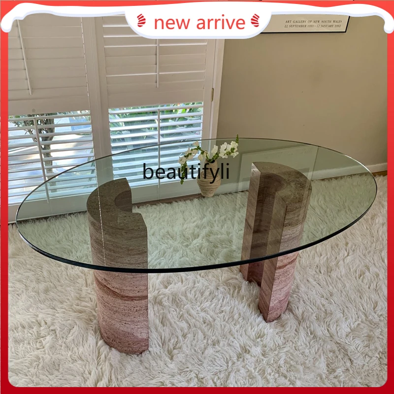

Nordic Dining Table and Chair round Glass Surface Red Cave Stone Table Sales Department Decoration Table G1218