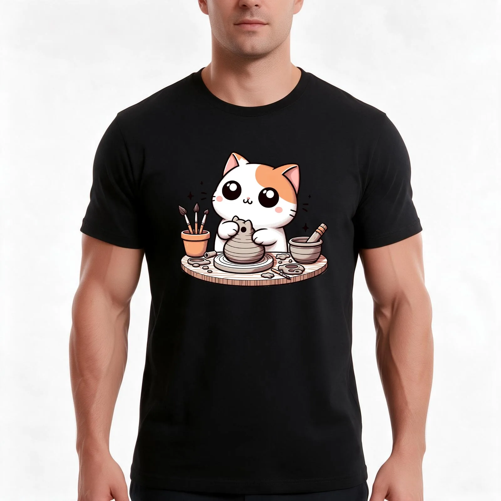 Clay Whiskers: Kawaii Potter Cat Crafting Delightful T-Shirt, Funny Graphic Print Tee, Unisex Cotton Casual Short Sleeve Top