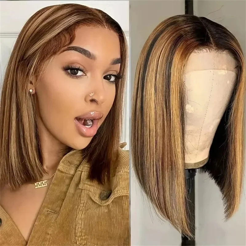 

Highlight Wigs 13x4 Lace Human Hair Lace Frontal Wig Straight Short Bob Wigs 200% Density For Black Women 4/27 Color Gold