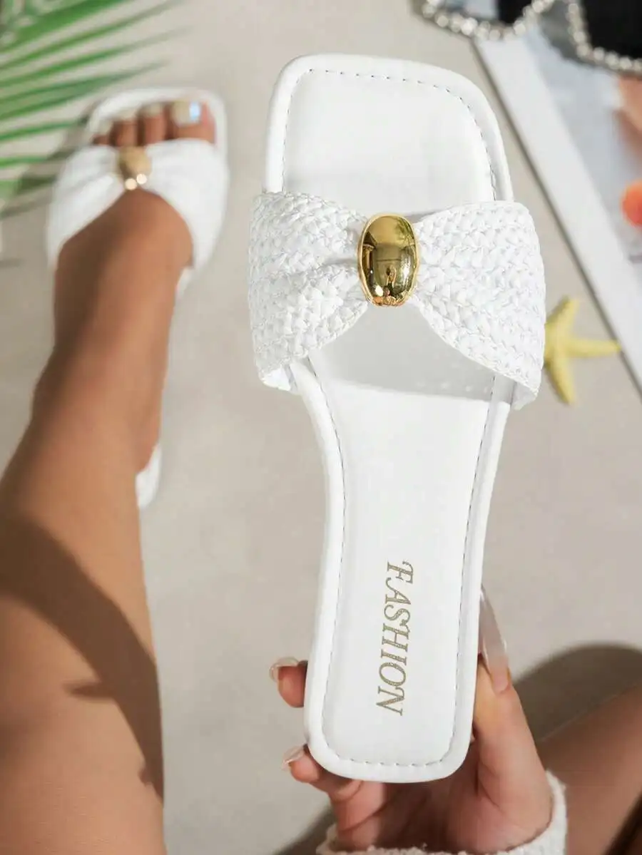 

Women's Bow Metal Decor Straw Flat Sandals, Comfortable Minimalist Design For Vacation, Beach, Home