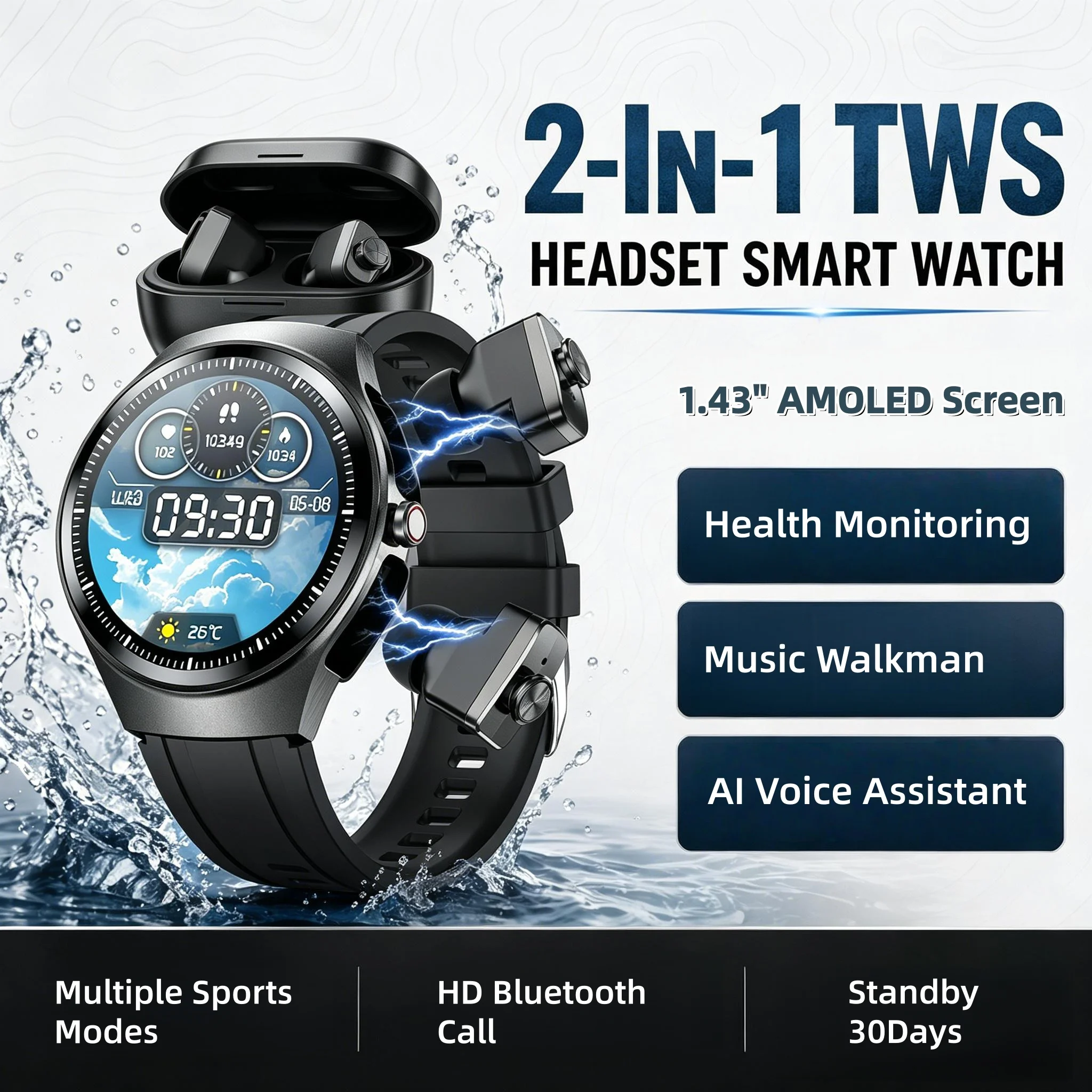 

Music Smartwatch With Built-in Headphones 1.43-inch AMOLED HD Screen Heart Rate Health Monitoring Men's Watch Women Sports Modes