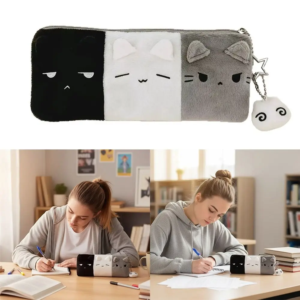 Multi-functional Pen Bag Kitten Black White Grey Pencil Case Portable Large Capacity Pen Pouch School Supplies