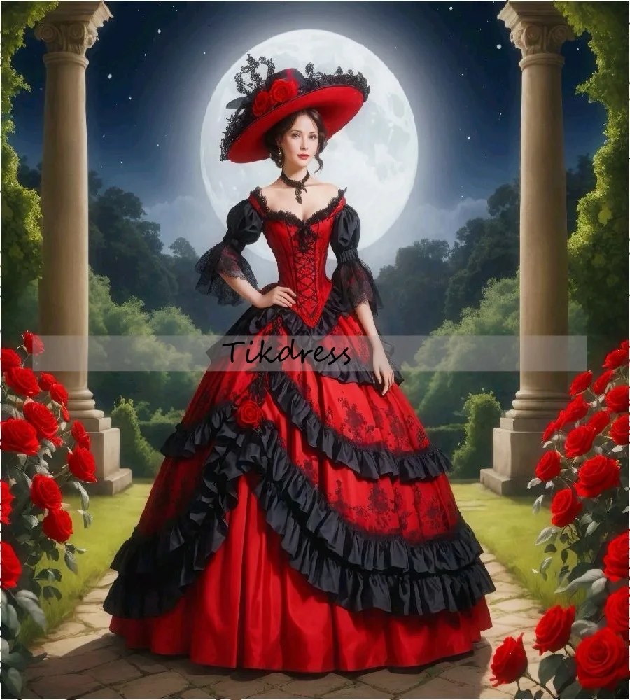 

Historical Bustle Gothic Wedding Dress Elgant Black And Red Victorian Medieval Bridal Dress With Ruffles Fantasy Customized