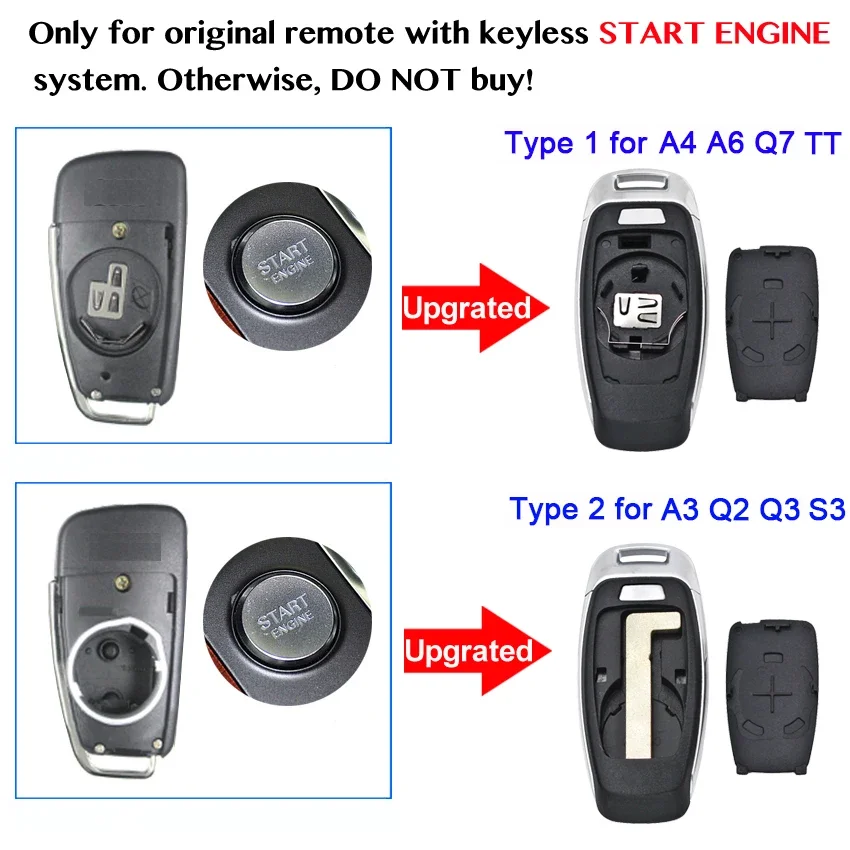 Ecusells Upgraded Modified Keyless Remote Key Shell Case For Audi A3 A4 A6 A8 Q2 Q3 Q5 Q7 R3 RS3 RS5 TT for START ENGINE SYSTEM