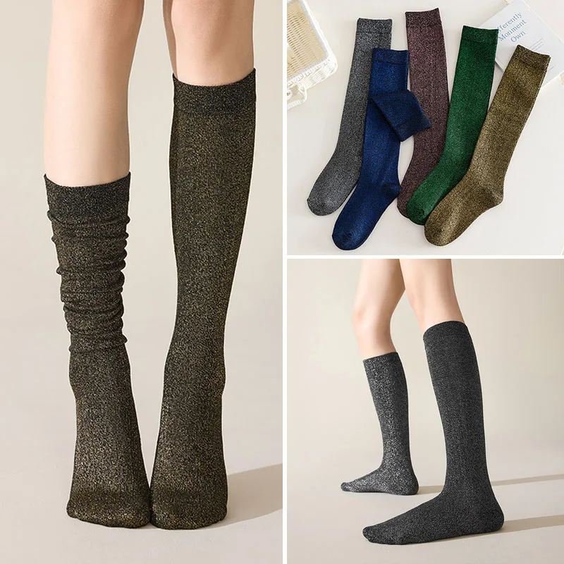 Damen- und Mädchenstrümpfe mit Gold- und Silberfaden, Funkelnde Casual Kniestrümpfe, Lange Wadensocken, Studenten-Crew-Socken, Modische Strümpfe