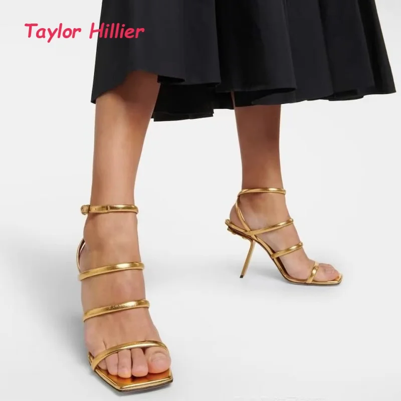 

Multi Strap Square Toe Sandals Women Fashion Sculptural Heel Shoes Ladies Classy Ankle Buckle Party Heels 2026 New