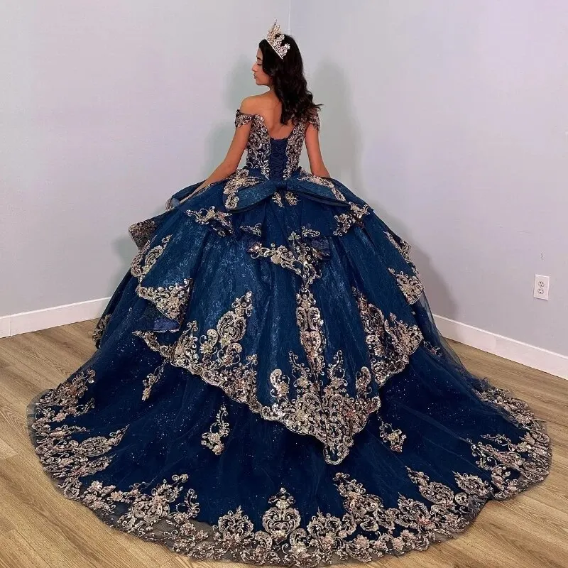 Navy Blue Shiny Quinceanera Dresses Gold Appliques Lace Beads Lace-Up Sleeveless Corset Prom Sweet 16 customized