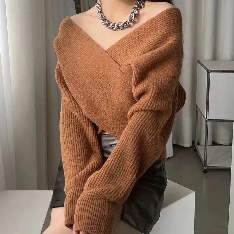 Women\'s Clothing 2022 Latest Fashion Knitted Sweater for Women Long Sleeve Pullover V-Neck Spliced Thick Sweater Female Solid