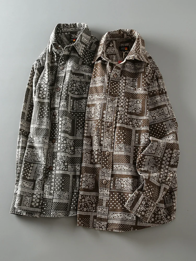 

Spring Summer New Pure Cotton Waed Walnut Print Loose Casual Men's Faion Turn-down Collar Long Sve irt Casual irt