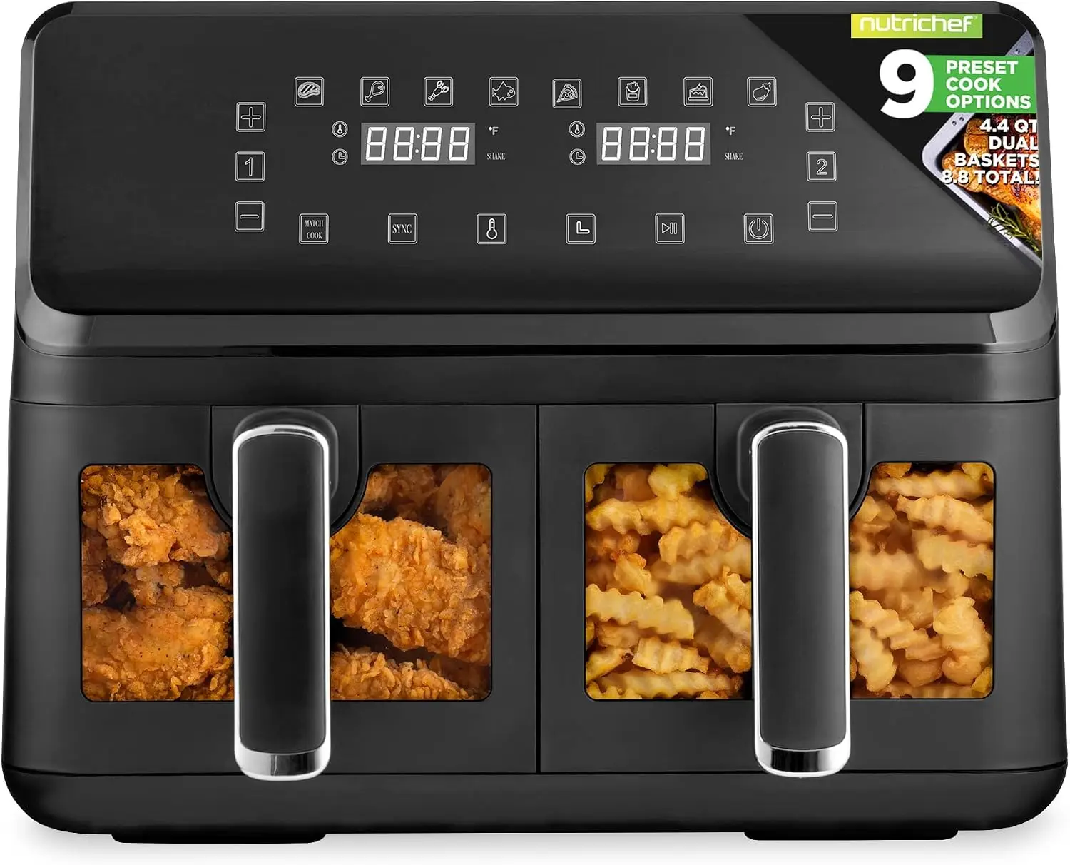 Nutrichef Double Basket Air Fryer 8.8 QT | Family Size Oil Free Airfryer with Transparent Window | 9-1 Preset Cooking Options |