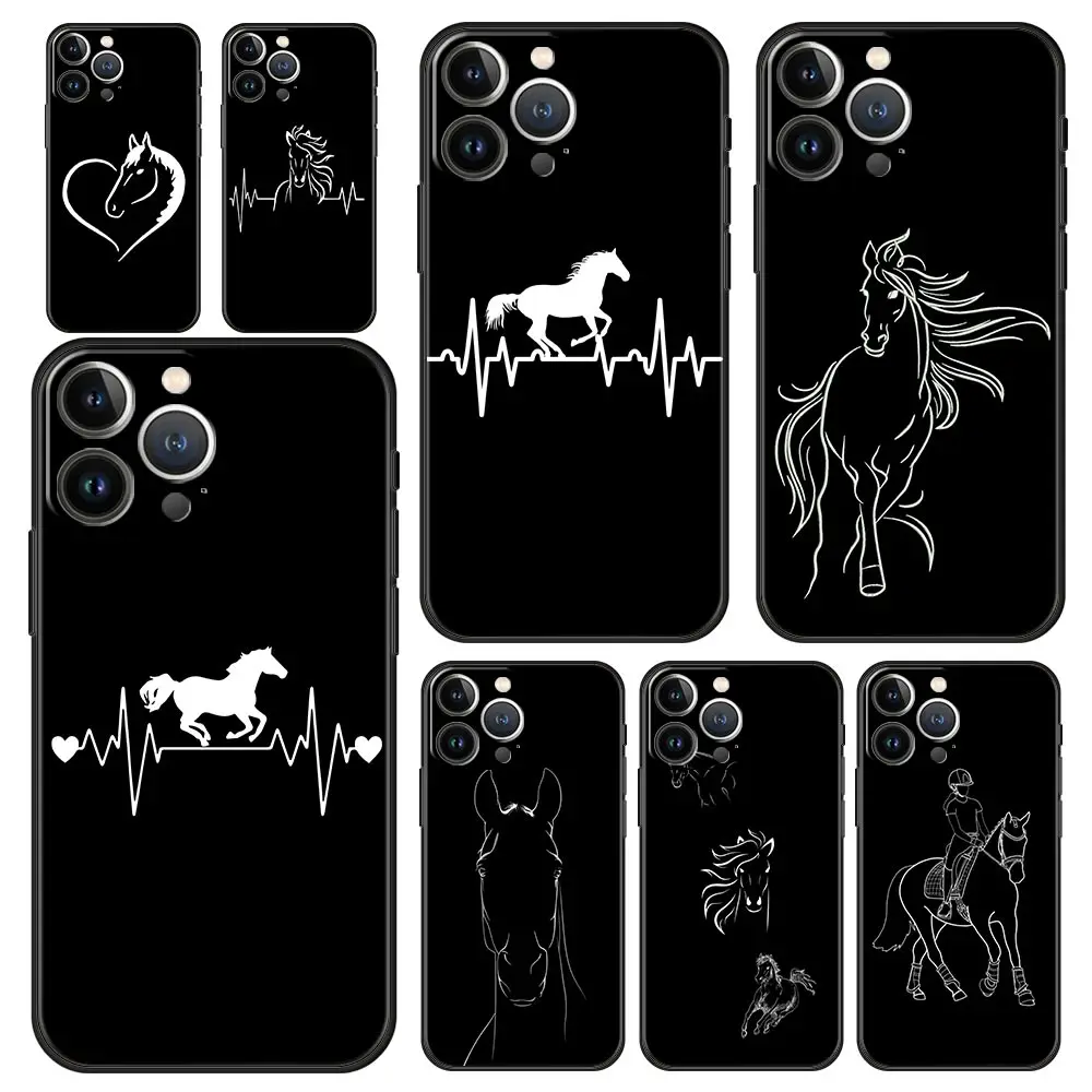 Animal Art Horse Luxury Phone Case For iPhone 15 16 14 13 12 mini 11 Pro Max XS X XR 7 8 Plus Soft Silicone Black  Cover Funda