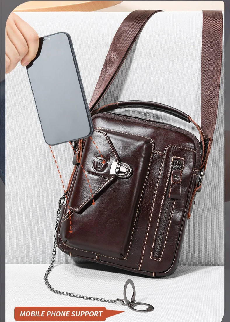 Men's real leather square shoulder bag horizontal layer of cowhide mobile phone tablet storage large opening hand cross-body bag