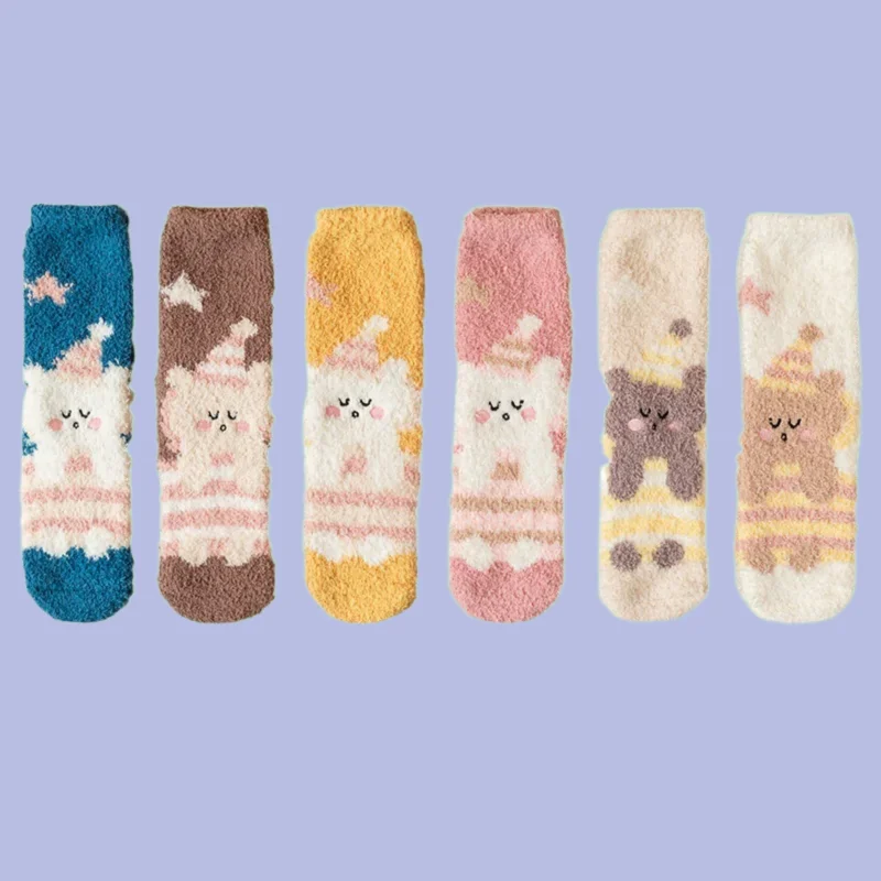 

1/3 Pairs Fashion Coral Velvet Women's Cotton Socks Embroidered Bear Cartoon Confinement Socks New No Linting Half-velvet Socks