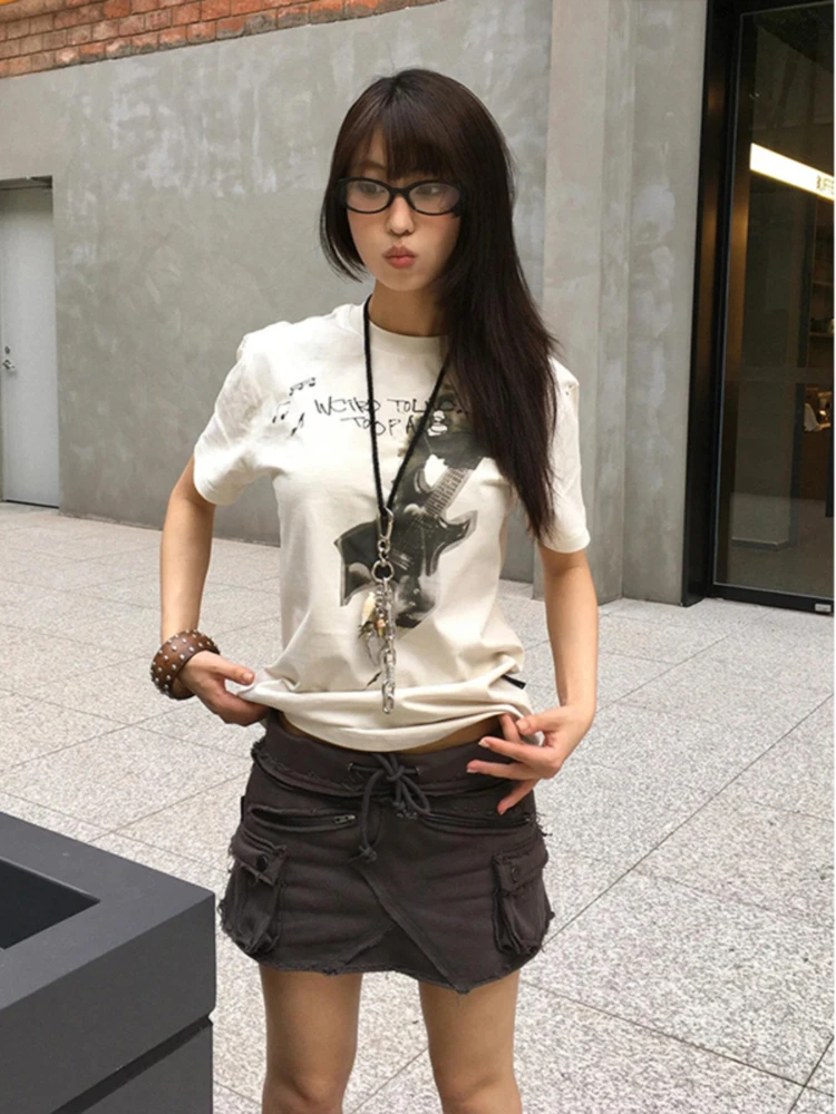 2024 Summer Harajuku Vintage Letter Print T-shirts Streetwear White Y2k Aesthetic Slim Tshirts Women Grunge Bottoming Simple Top