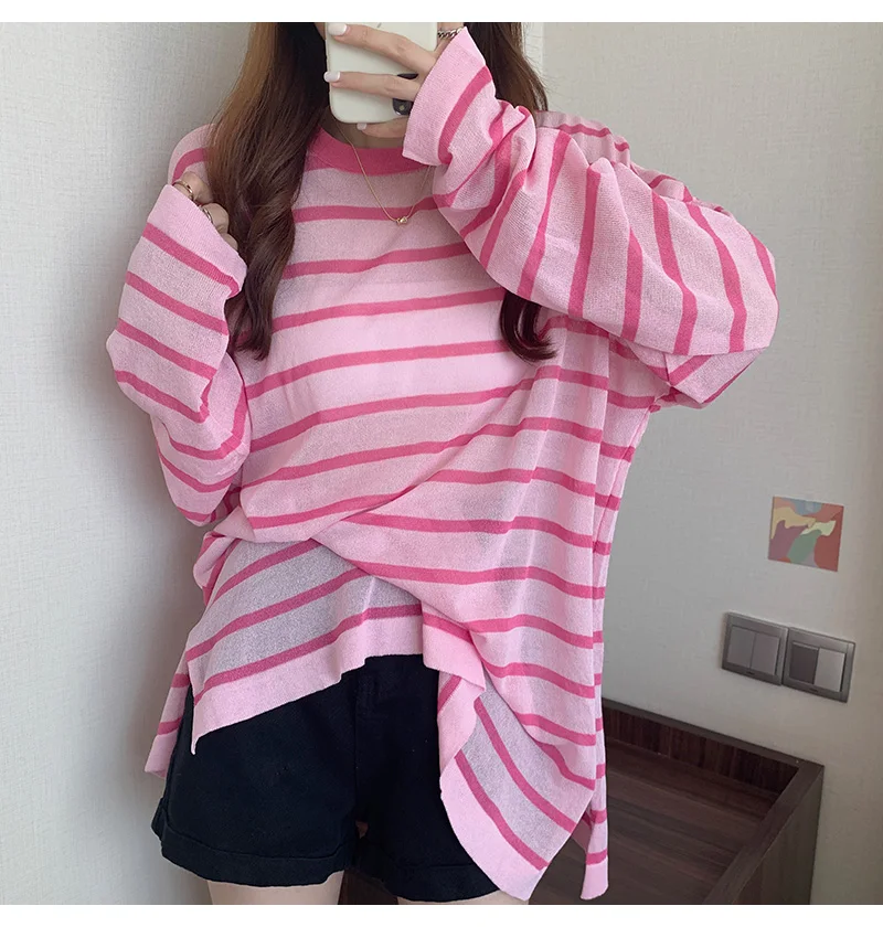 Early autumn thin loose design split knit sun protection pink striped ice silk long sleeved t-shirt for women