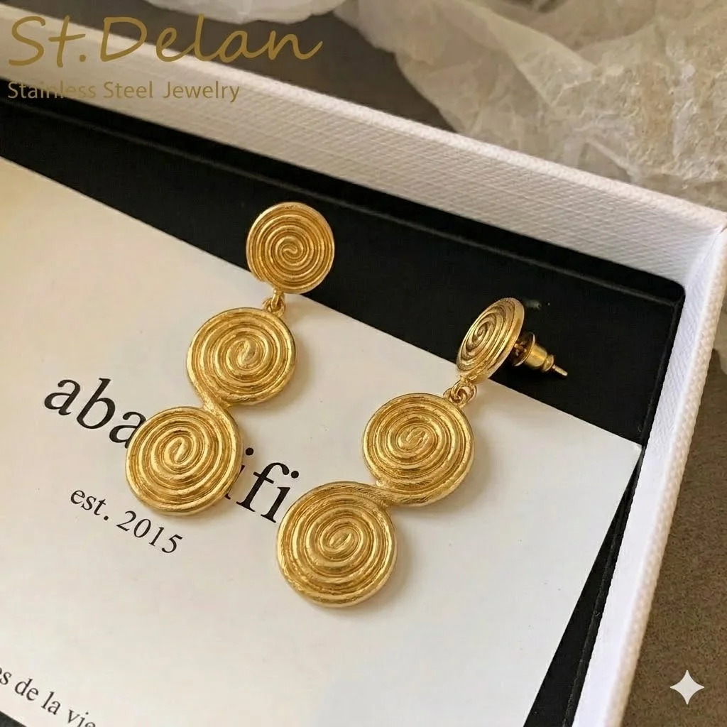St-Delan Classic & Stylish Women's Threader Earrings — Stainless Steel, 3-Coil Spiral Pendants, Vintage-Style Round Jewelry