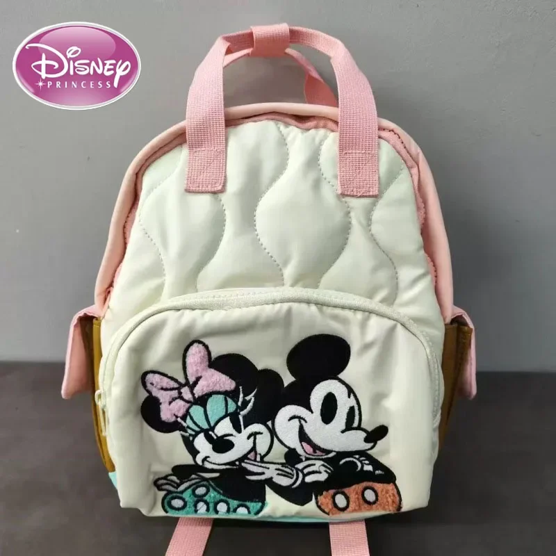 

2025 Disney New Style Beige Pink Splicing Lightweight Soft Glutinous Cute Children's Embroidered Backpack Cute Backpack