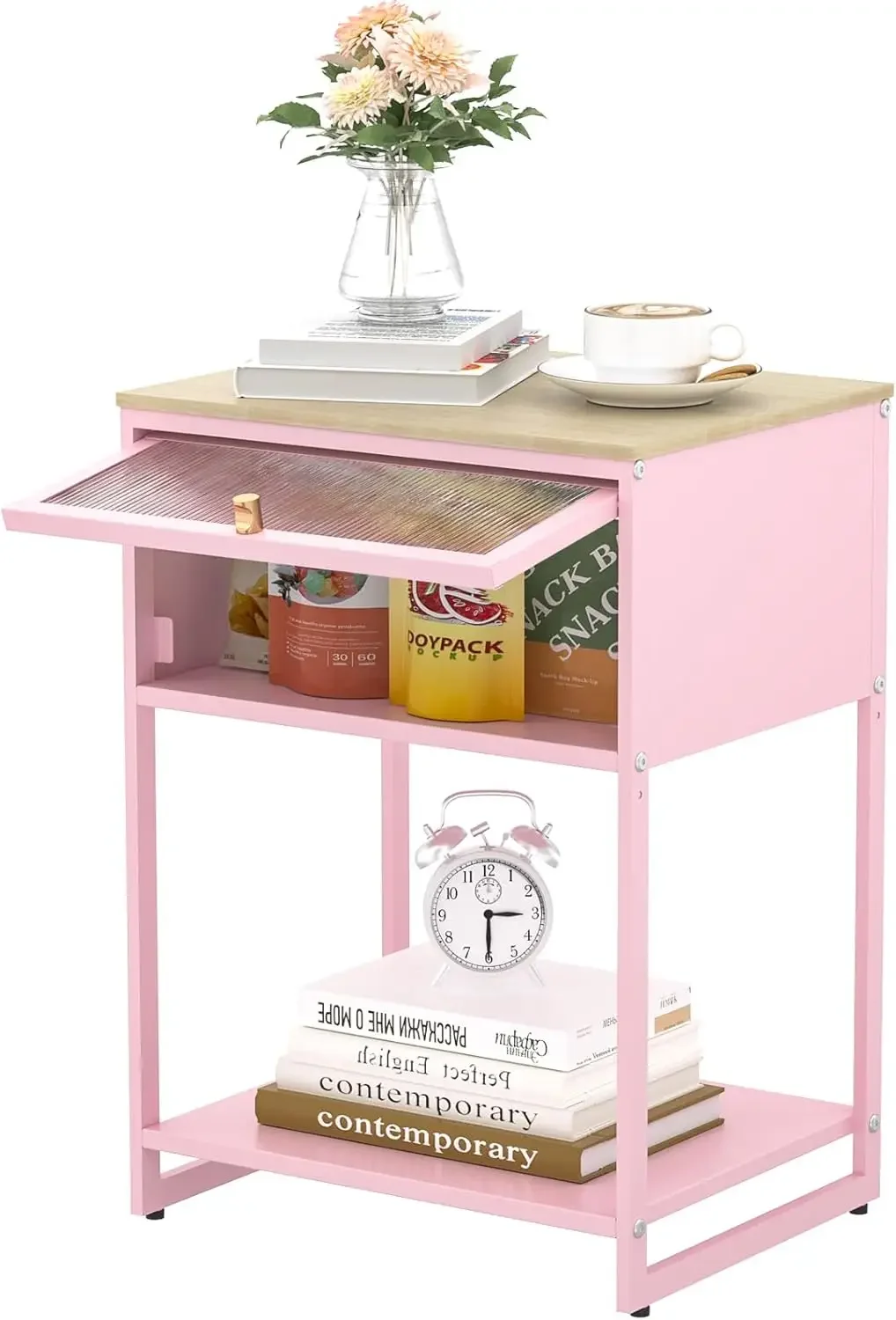 Pink Nightstand,End Tables with Storage Drawer,Bedside Table with Open Storage Shelf,Metal Side Table,Durable Wood Top Side