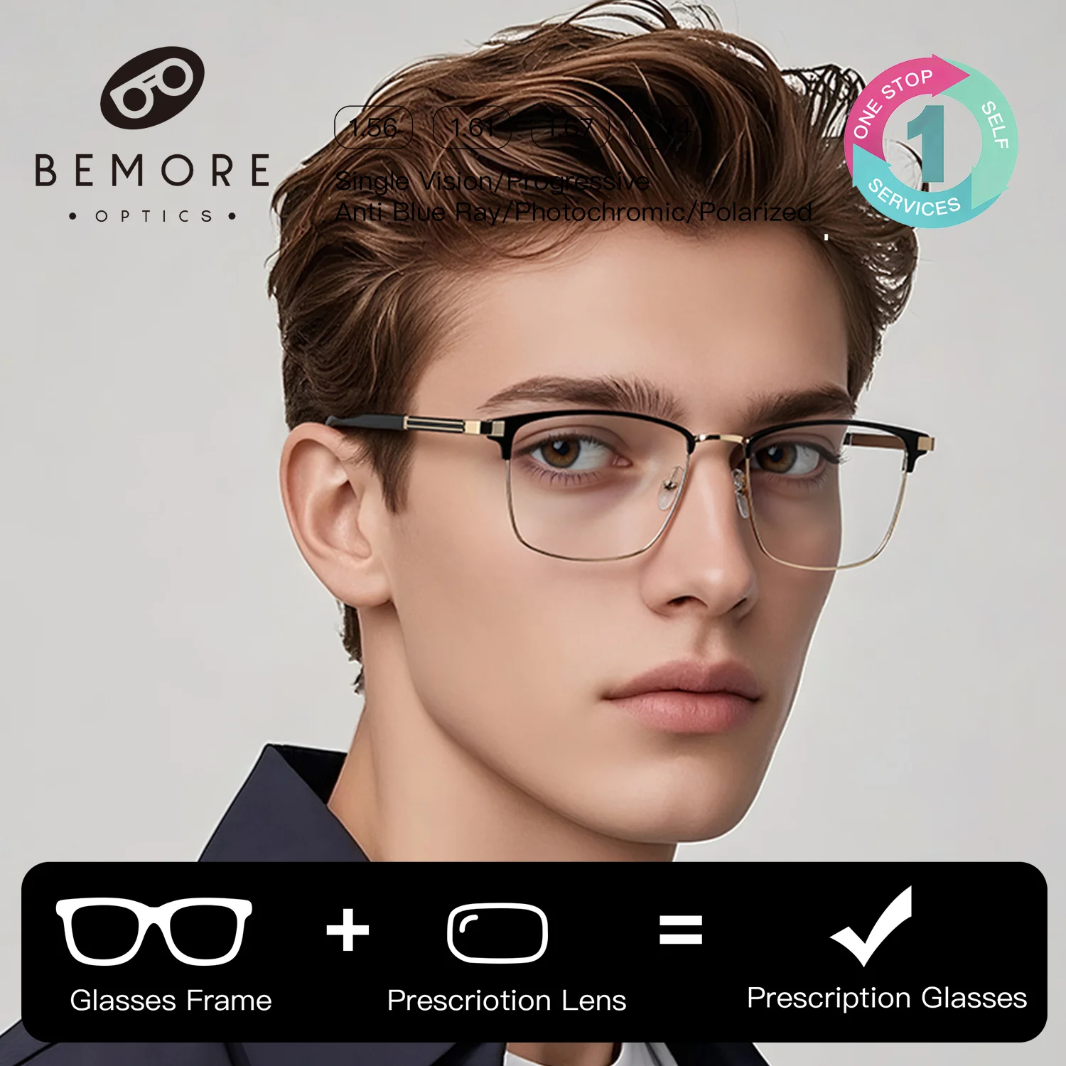 

BEMORE Custom Square Metal Alloy Optical Lenses with Recipe Blue Light Blocking Progressive Multifocal Prescription Eyewear