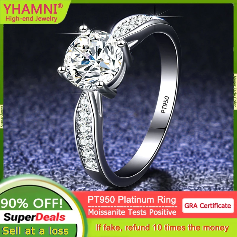 YHAMNI 100% Original Solid PT950 Platinum Ring D Color VVS1 Moissanite Diamond Eternity Rings for Women Wedding Band Jewelry