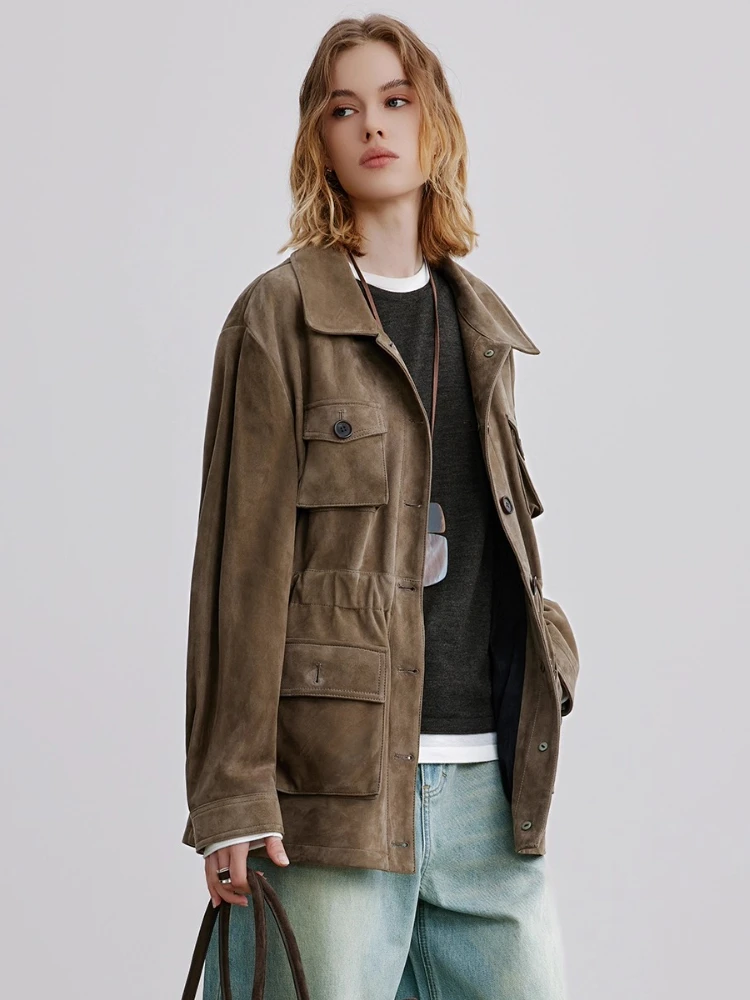 Damskie kurtki cargo vintage z prawdziwej skóry, jesienno-zimowe, eleganckie, proste, jednorzędowe, dopasowane płaszcze z prawdziwej skóry owczej z zamszu.