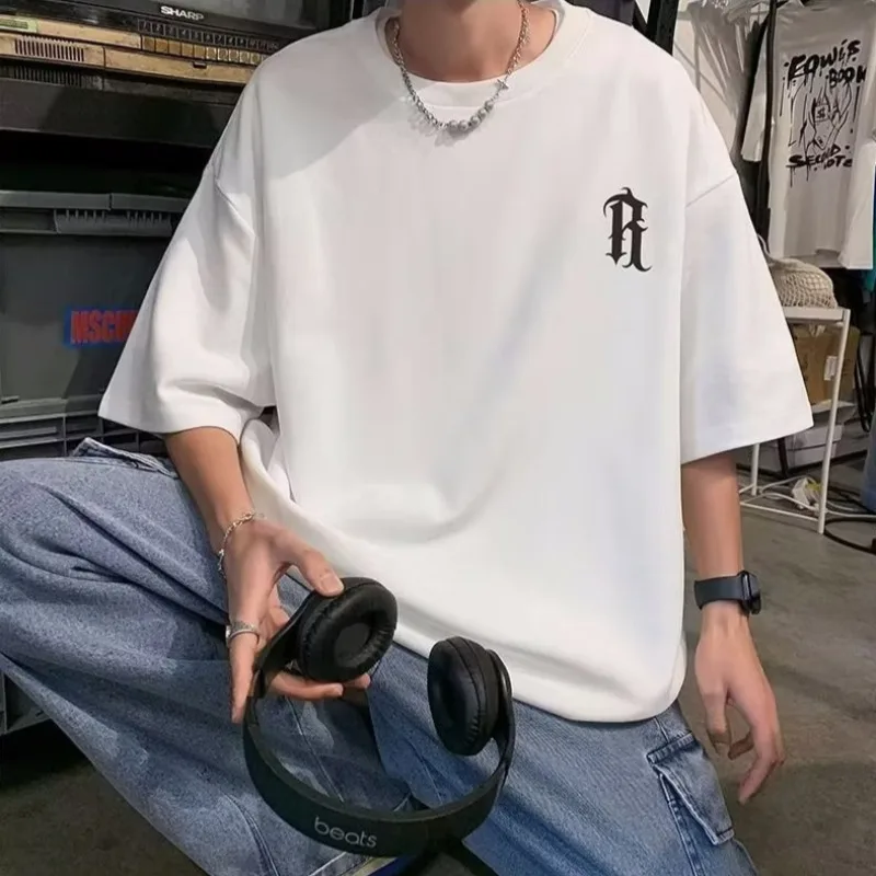 M-8XL Men Oversized Fashion Loose American Vintage Deformed Letter R Print Short Sleeve Round Neck Versatile Trend Couple Outfit image 4