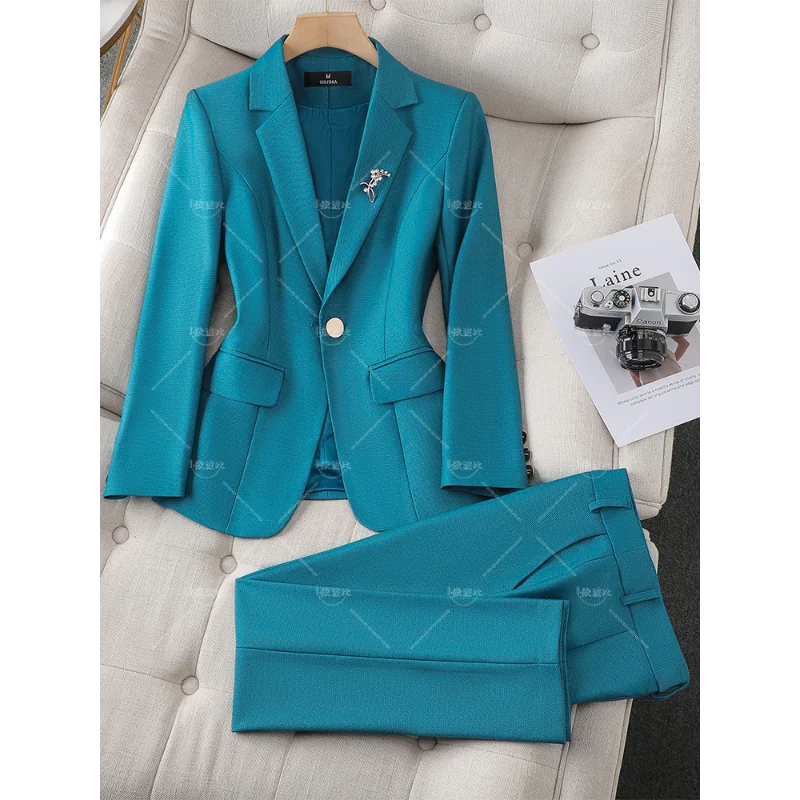 

Ladies Blazer And Pant Suit Women Green Purple Blue Black Solid Formal Jacket Trouser Female Business Work Wear 2 Piece Set