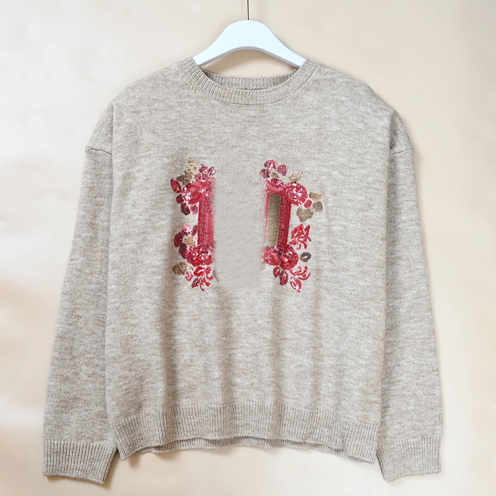 Sweter damski z wełny, dziergany, z cekinami, z okrągłym dekoltem, luźny krój, casualowy, wygodny, nowy model na wiosnę...